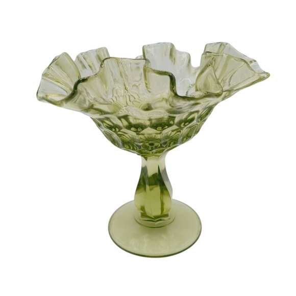 Vintage Fenton Glass Candy Dish Pedestal Green Thumbprint Ruffle Rim Compote 6" - Picture 1 of 15